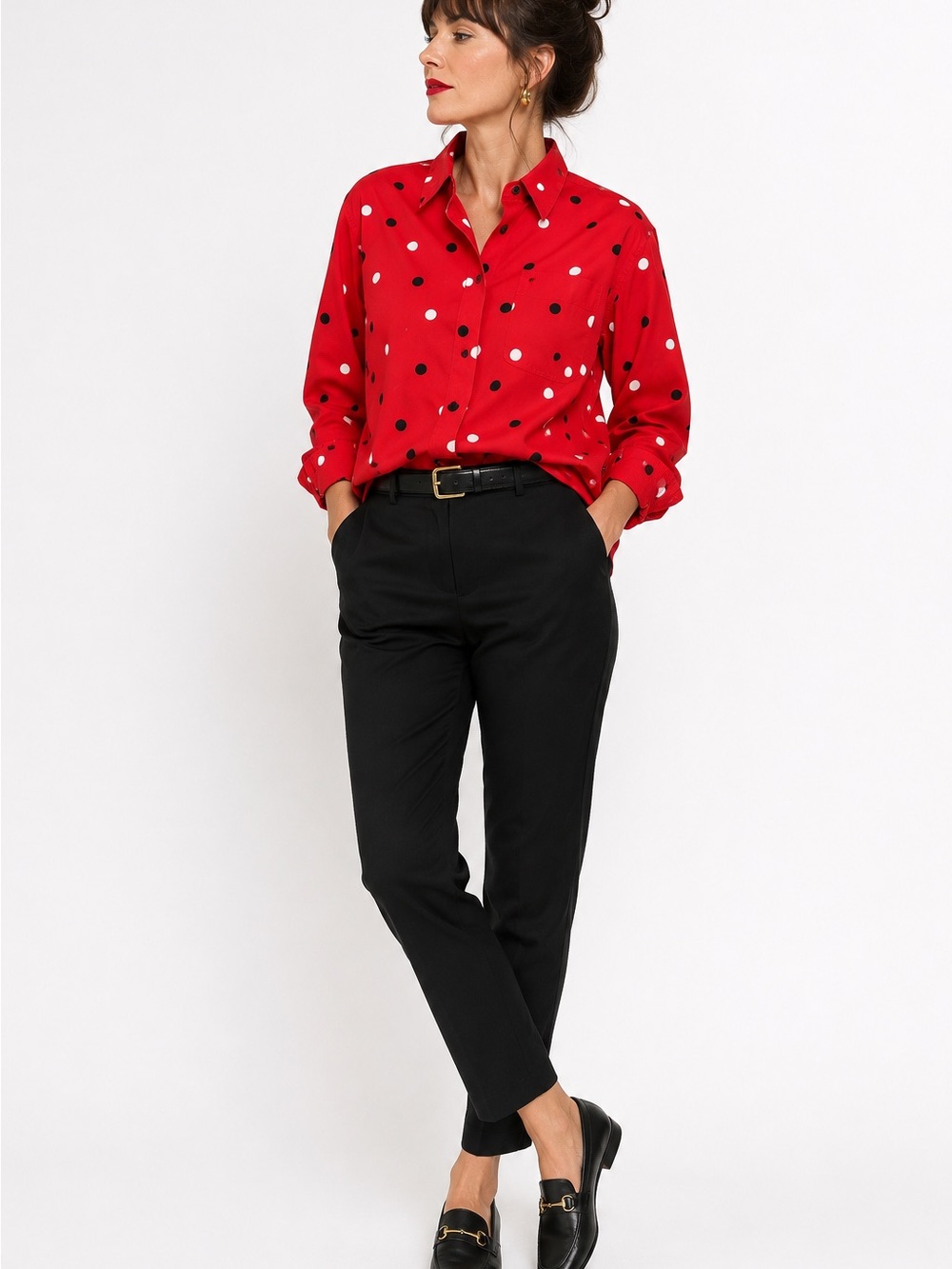 Vintage LizSport‎ Red Polka Dot Shirt Oversized Cotton Button Down 90s Petite S